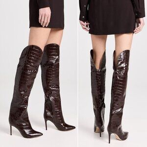 SCHUTZ Maryana Over The Knee OTK Boots Size 5 Chocolate Brown Croc Leather NEW